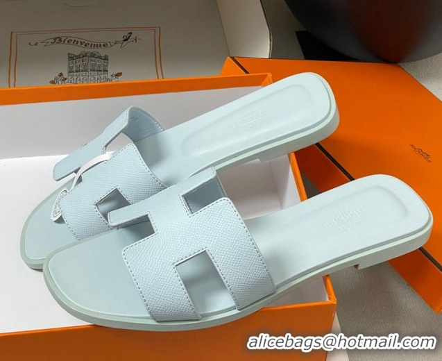 Top Grade Hermes Oran Classic Flat Slides Sandal in Palm-Grained Calfskin Light Blue 0819007