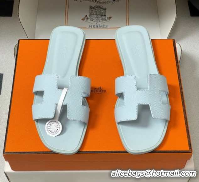 Top Grade Hermes Oran Classic Flat Slides Sandal in Palm-Grained Calfskin Light Blue 0819007
