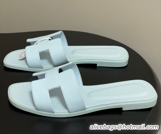 Top Grade Hermes Oran Classic Flat Slides Sandal in Palm-Grained Calfskin Light Blue 0819007