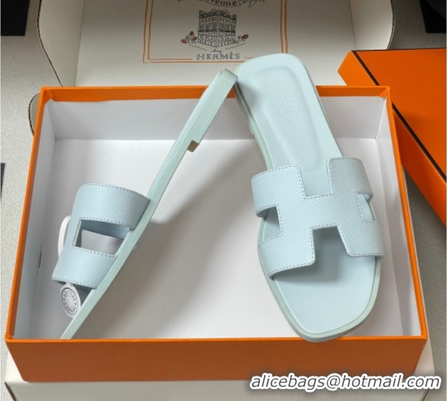 Top Grade Hermes Oran Classic Flat Slides Sandal in Palm-Grained Calfskin Light Blue 0819007