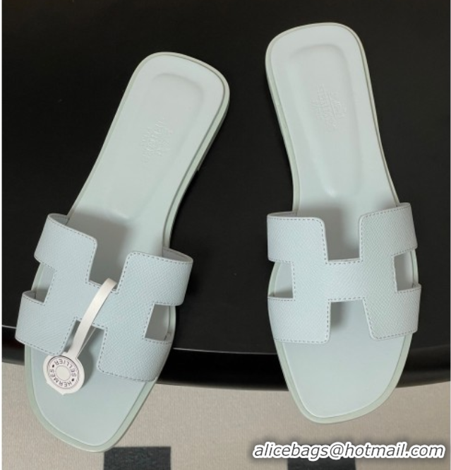 Top Grade Hermes Oran Classic Flat Slides Sandal in Palm-Grained Calfskin Light Blue 0819007