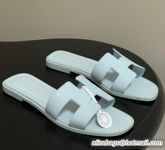 Top Grade Hermes Oran Classic Flat Slides Sandal in Palm-Grained Calfskin Light Blue 0819007