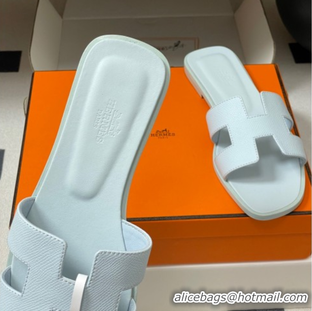 Top Grade Hermes Oran Classic Flat Slides Sandal in Palm-Grained Calfskin Light Blue 0819007