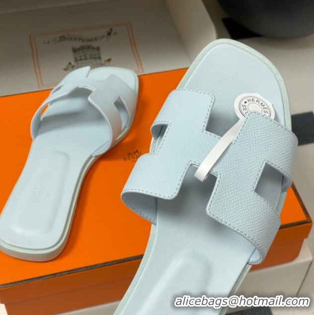Top Grade Hermes Oran Classic Flat Slides Sandal in Palm-Grained Calfskin Light Blue 0819007