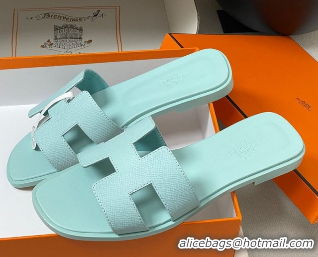 Unique Style Hermes Oran Classic Flat Slides Sandal in Palm-Grained Calfskin Pale Green 0819008