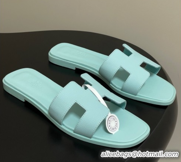 Unique Style Hermes Oran Classic Flat Slides Sandal in Palm-Grained Calfskin Pale Green 0819008
