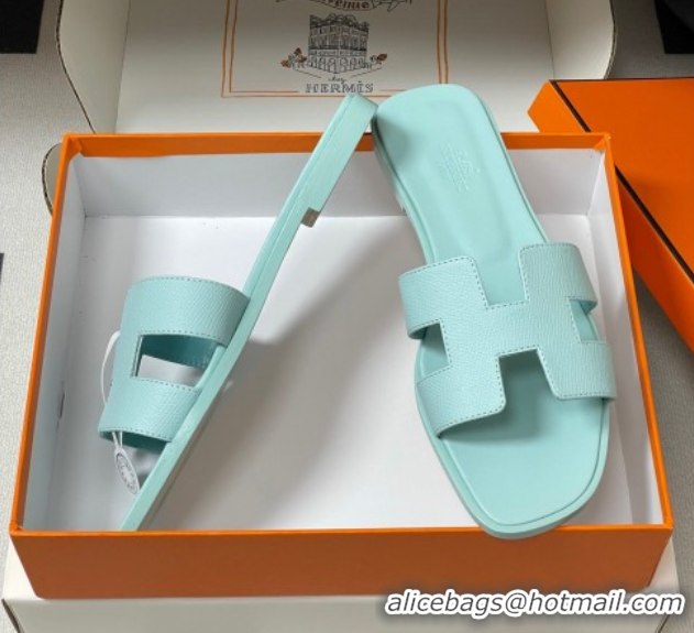 Unique Style Hermes Oran Classic Flat Slides Sandal in Palm-Grained Calfskin Pale Green 0819008