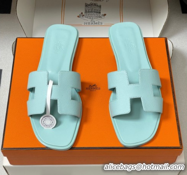 Unique Style Hermes Oran Classic Flat Slides Sandal in Palm-Grained Calfskin Pale Green 0819008
