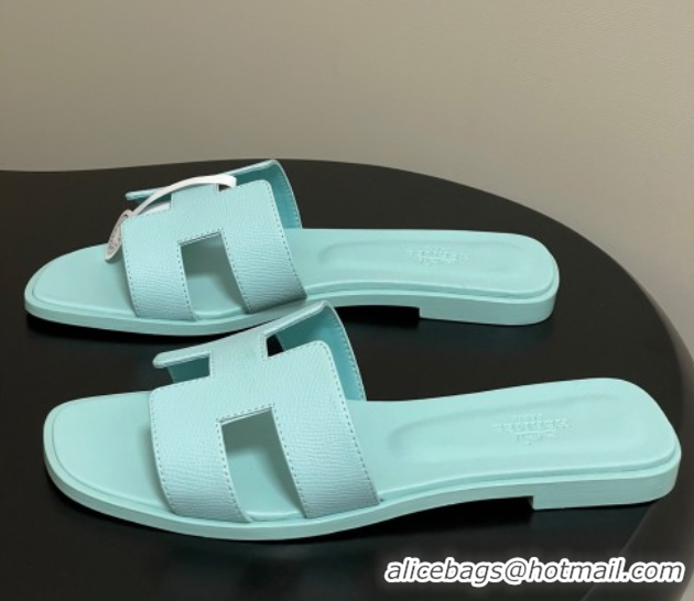 Unique Style Hermes Oran Classic Flat Slides Sandal in Palm-Grained Calfskin Pale Green 0819008