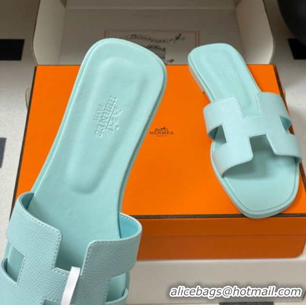 Unique Style Hermes Oran Classic Flat Slides Sandal in Palm-Grained Calfskin Pale Green 0819008