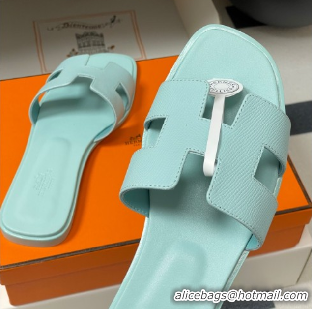 Unique Style Hermes Oran Classic Flat Slides Sandal in Palm-Grained Calfskin Pale Green 0819008