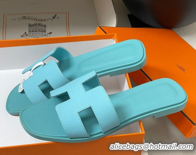 Good Quality Hermes Oran Classic Flat Slides Sandal in Palm-Grained Calfskin Green 0819009