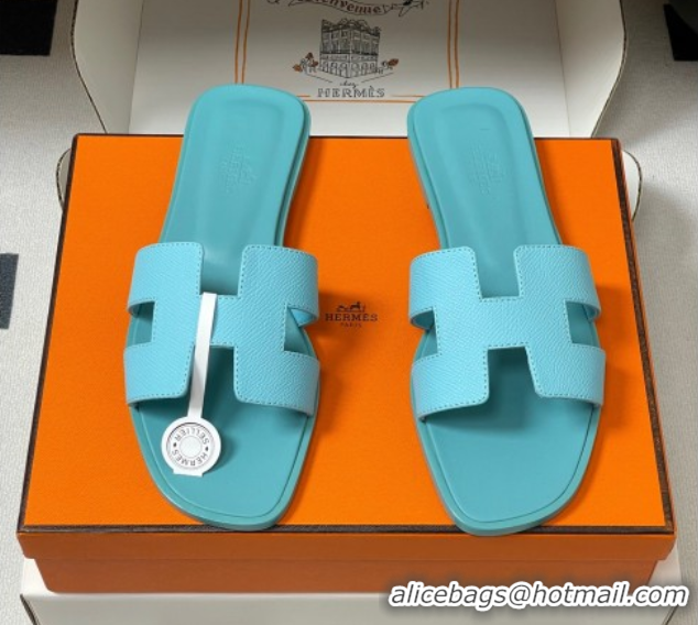 Good Quality Hermes Oran Classic Flat Slides Sandal in Palm-Grained Calfskin Green 0819009