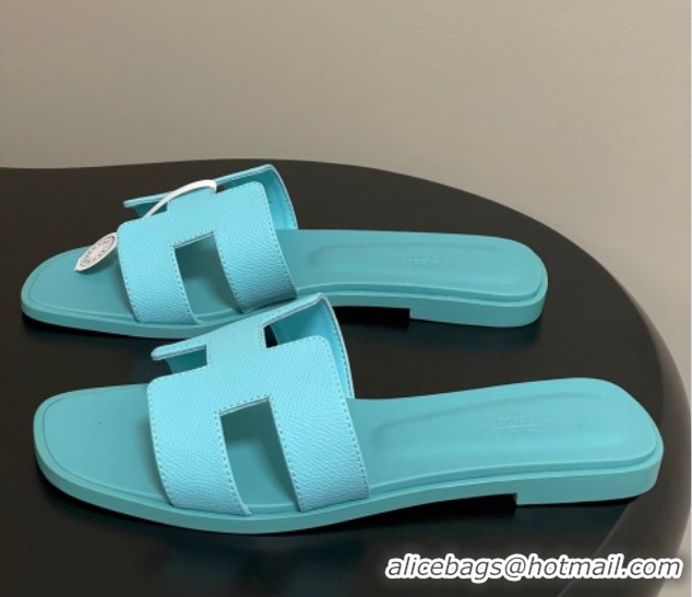 Good Quality Hermes Oran Classic Flat Slides Sandal in Palm-Grained Calfskin Green 0819009