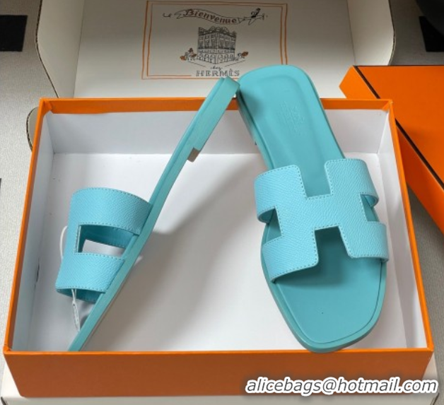 Good Quality Hermes Oran Classic Flat Slides Sandal in Palm-Grained Calfskin Green 0819009