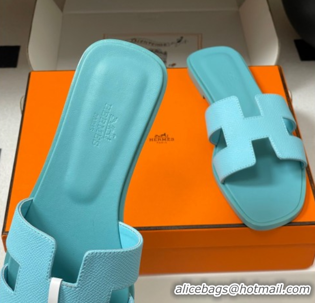 Good Quality Hermes Oran Classic Flat Slides Sandal in Palm-Grained Calfskin Green 0819009