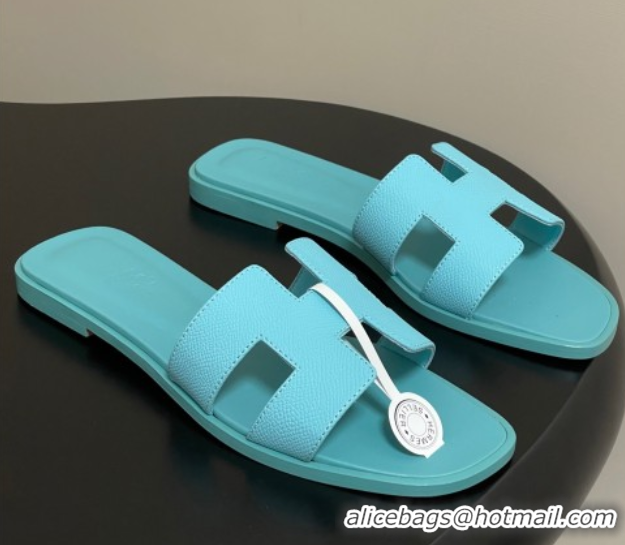 Good Quality Hermes Oran Classic Flat Slides Sandal in Palm-Grained Calfskin Green 0819009