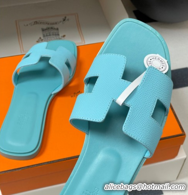 Good Quality Hermes Oran Classic Flat Slides Sandal in Palm-Grained Calfskin Green 0819009