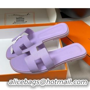 Pretty Style Hermes Oran Classic Flat Slides Sandal in Palm-Grained Calfskin Light Purple 0819010