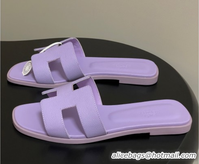 Pretty Style Hermes Oran Classic Flat Slides Sandal in Palm-Grained Calfskin Light Purple 0819010