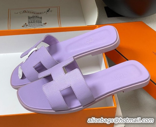 Pretty Style Hermes Oran Classic Flat Slides Sandal in Palm-Grained Calfskin Light Purple 0819010