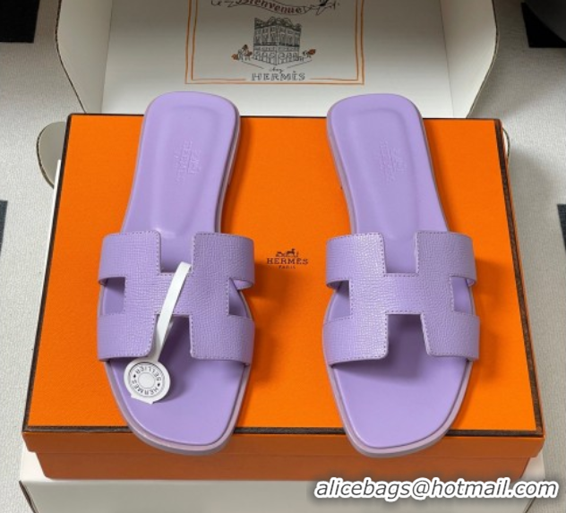 Pretty Style Hermes Oran Classic Flat Slides Sandal in Palm-Grained Calfskin Light Purple 0819010