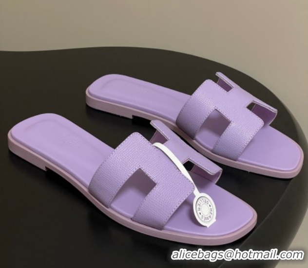 Pretty Style Hermes Oran Classic Flat Slides Sandal in Palm-Grained Calfskin Light Purple 0819010