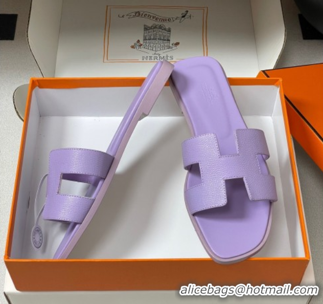 Pretty Style Hermes Oran Classic Flat Slides Sandal in Palm-Grained Calfskin Light Purple 0819010