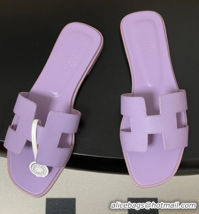 Pretty Style Hermes Oran Classic Flat Slides Sandal in Palm-Grained Calfskin Light Purple 0819010