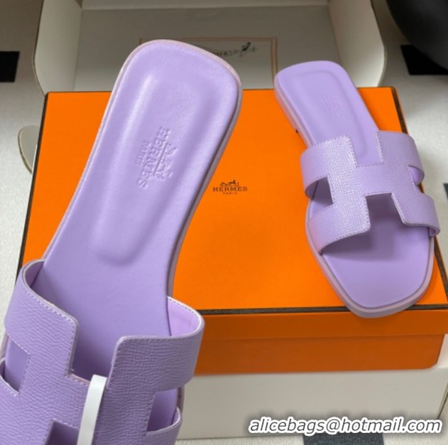 Pretty Style Hermes Oran Classic Flat Slides Sandal in Palm-Grained Calfskin Light Purple 0819010