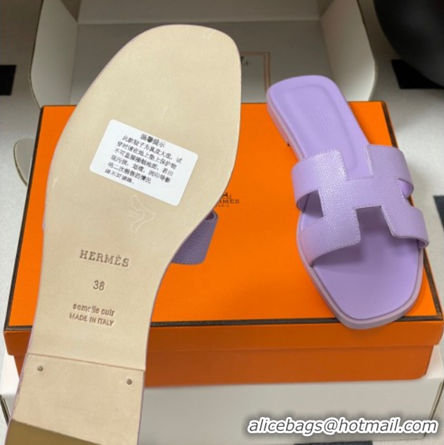 Pretty Style Hermes Oran Classic Flat Slides Sandal in Palm-Grained Calfskin Light Purple 0819010