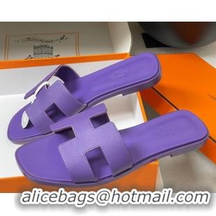 Durable Hermes Oran Classic Flat Slides Sandal in Palm-Grained Calfskin Dark Purple 0819011