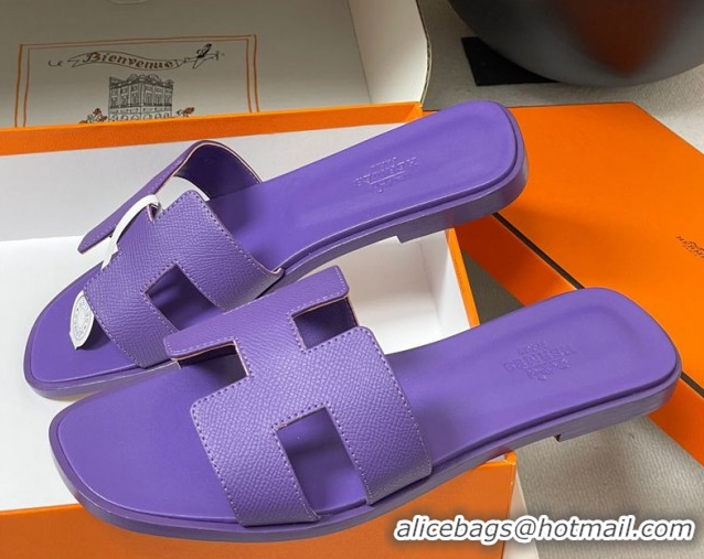 Durable Hermes Oran Classic Flat Slides Sandal in Palm-Grained Calfskin Dark Purple 0819011