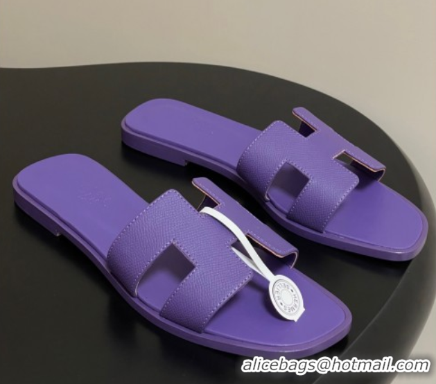 Durable Hermes Oran Classic Flat Slides Sandal in Palm-Grained Calfskin Dark Purple 0819011