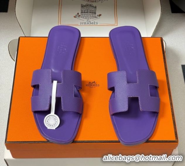 Durable Hermes Oran Classic Flat Slides Sandal in Palm-Grained Calfskin Dark Purple 0819011