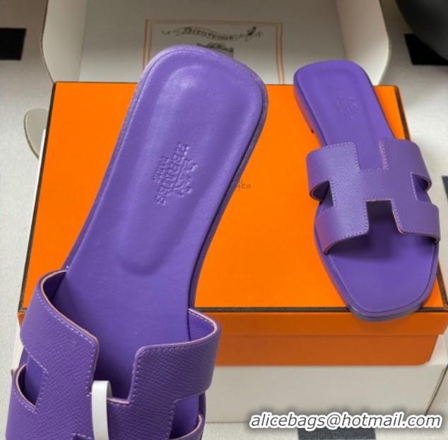 Durable Hermes Oran Classic Flat Slides Sandal in Palm-Grained Calfskin Dark Purple 0819011