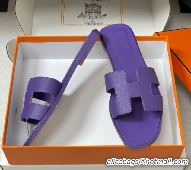 Durable Hermes Oran Classic Flat Slides Sandal in Palm-Grained Calfskin Dark Purple 0819011