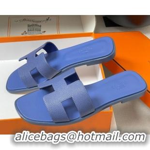 Top Design Hermes Oran Classic Flat Slides Sandal in Palm-Grained Calfskin Denim Blue 0819012