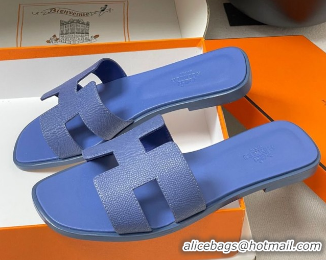 Top Design Hermes Oran Classic Flat Slides Sandal in Palm-Grained Calfskin Denim Blue 0819012