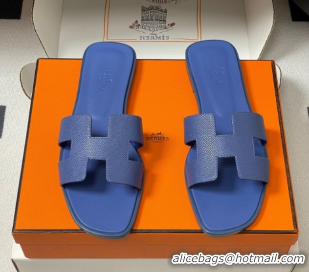 Top Design Hermes Oran Classic Flat Slides Sandal in Palm-Grained Calfskin Denim Blue 0819012