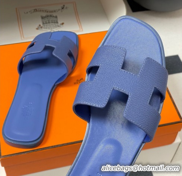 Top Design Hermes Oran Classic Flat Slides Sandal in Palm-Grained Calfskin Denim Blue 0819012