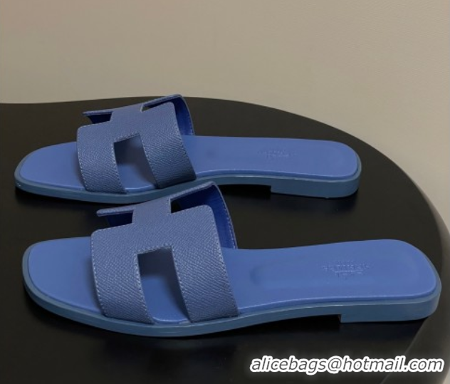 Top Design Hermes Oran Classic Flat Slides Sandal in Palm-Grained Calfskin Denim Blue 0819012