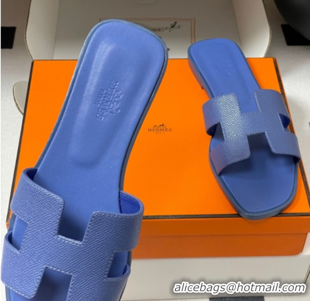 Top Design Hermes Oran Classic Flat Slides Sandal in Palm-Grained Calfskin Denim Blue 0819012