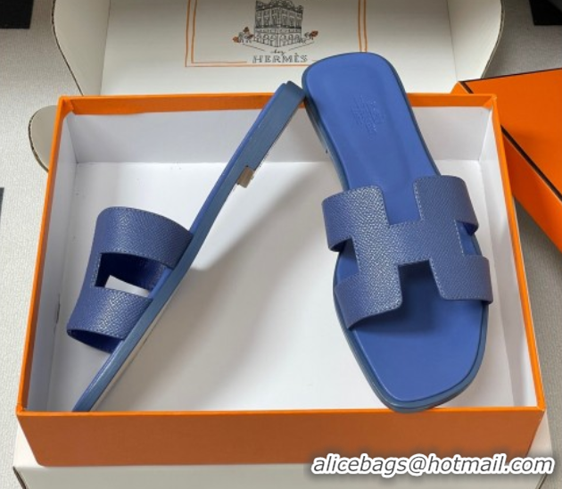 Top Design Hermes Oran Classic Flat Slides Sandal in Palm-Grained Calfskin Denim Blue 0819012