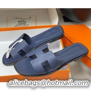 Luxury Cheap Hermes Oran Classic Flat Slides Sandal in Palm-Grained Calfskin Dark Blue 0819013