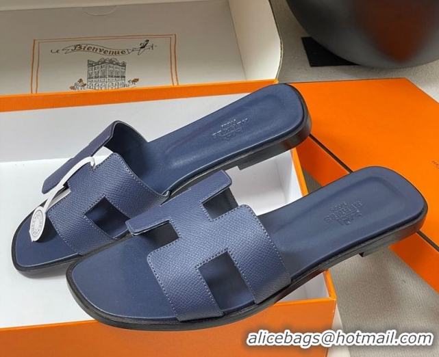 Luxury Cheap Hermes Oran Classic Flat Slides Sandal in Palm-Grained Calfskin Dark Blue 0819013