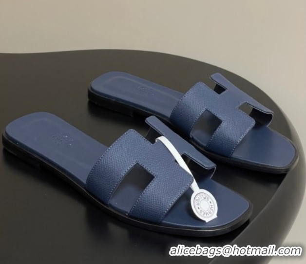 Luxury Cheap Hermes Oran Classic Flat Slides Sandal in Palm-Grained Calfskin Dark Blue 0819013