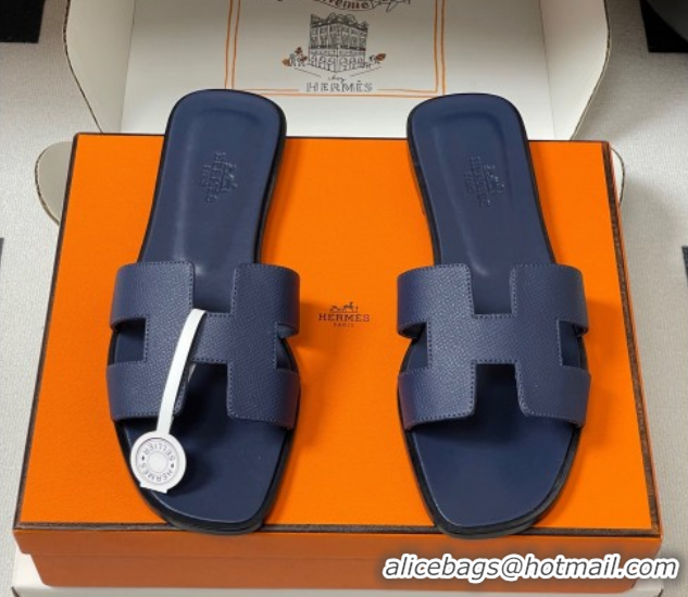 Luxury Cheap Hermes Oran Classic Flat Slides Sandal in Palm-Grained Calfskin Dark Blue 0819013