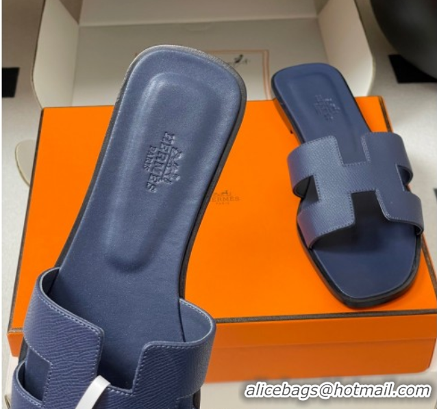 Luxury Cheap Hermes Oran Classic Flat Slides Sandal in Palm-Grained Calfskin Dark Blue 0819013