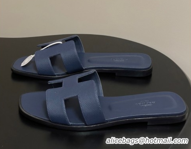 Luxury Cheap Hermes Oran Classic Flat Slides Sandal in Palm-Grained Calfskin Dark Blue 0819013